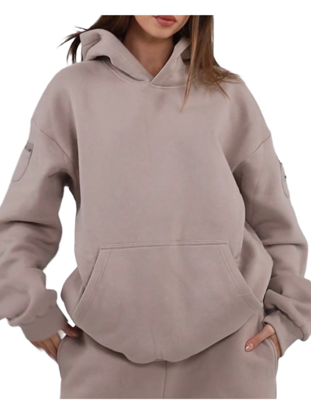 Relaxed Taupe Hoodie Sweatshirt - Women